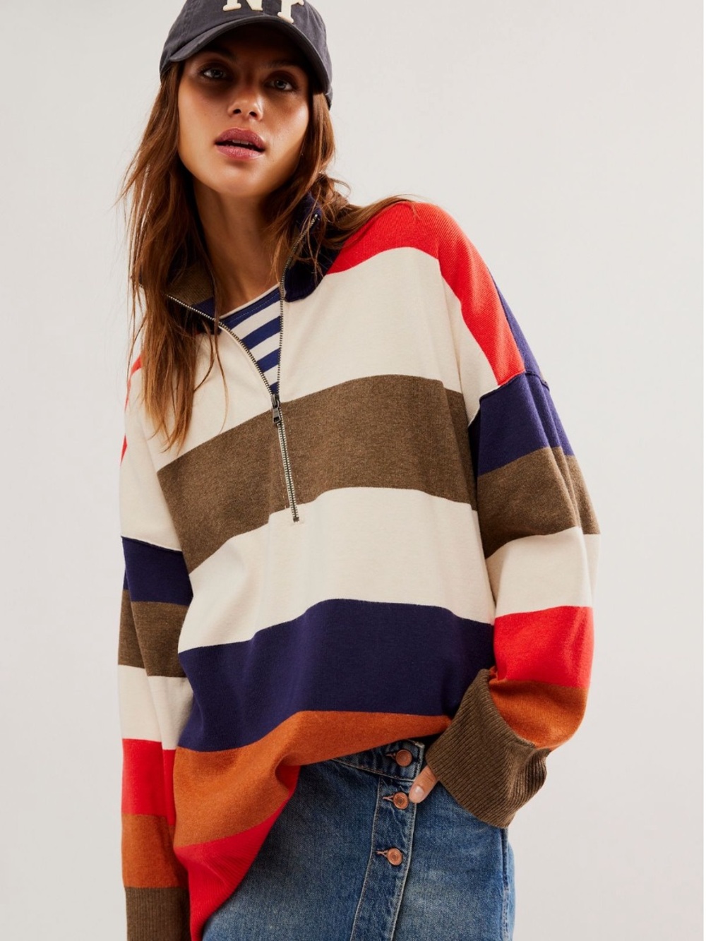 Free People Striped Half-Zip Crewneck Sweater - Set Sail Combo